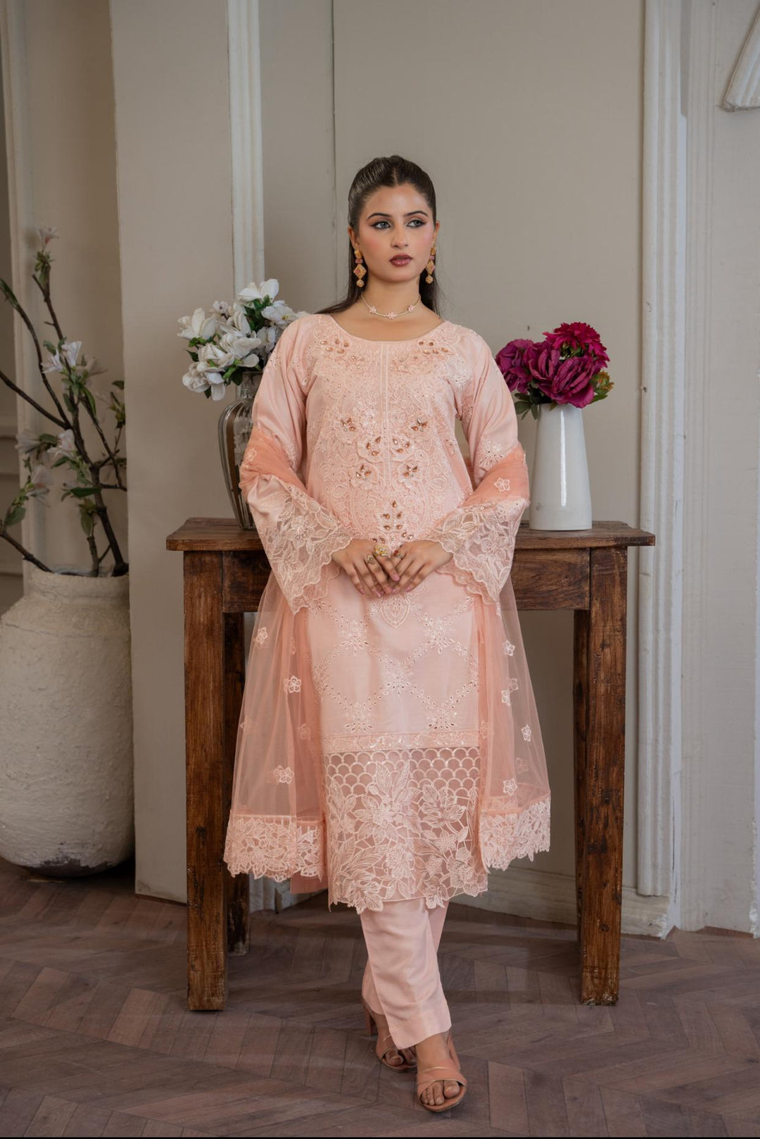 74G - Maria b inspired Peach Embroidered Linen suit