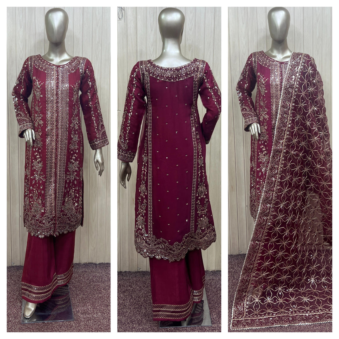 388D- MAROON EMBROIDERED CHIFFON 3 PIECE SUIT