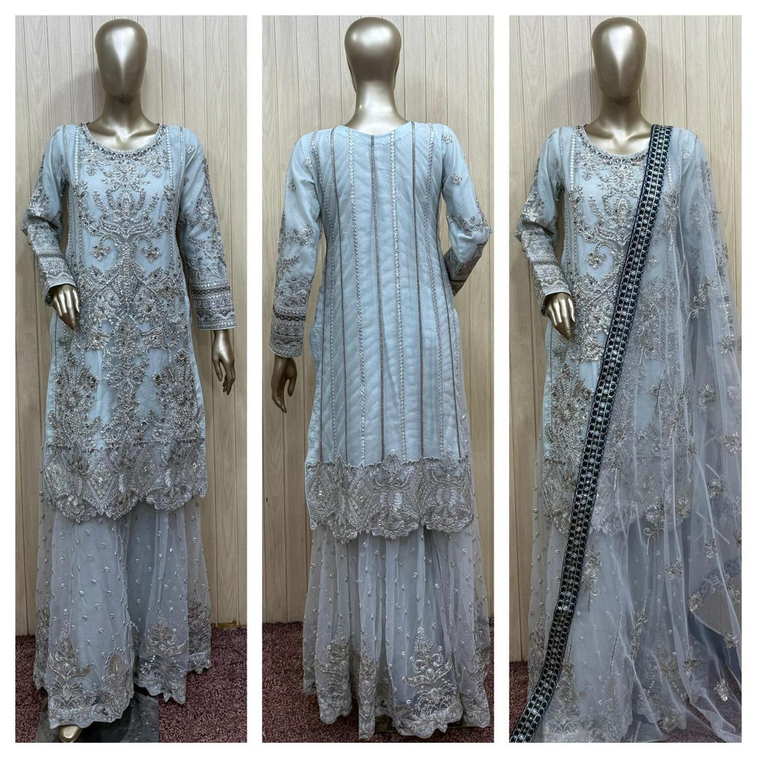351A - GREY NET EMBROIDERED SHARARA SUIT