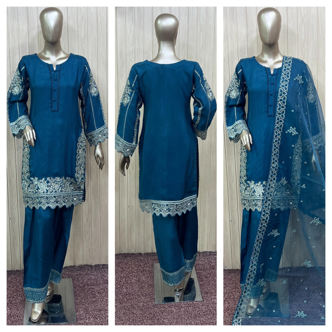 FV02 - Blue Farshi Shalwar Viscose Silk Embroidered suit