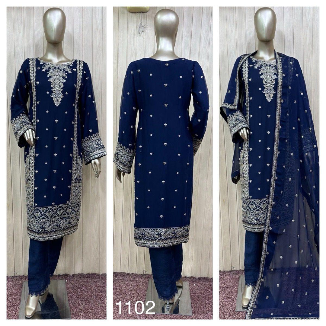 1102B- BLUE EMBROIDERED CHIFFON 3 PIECE SUIT