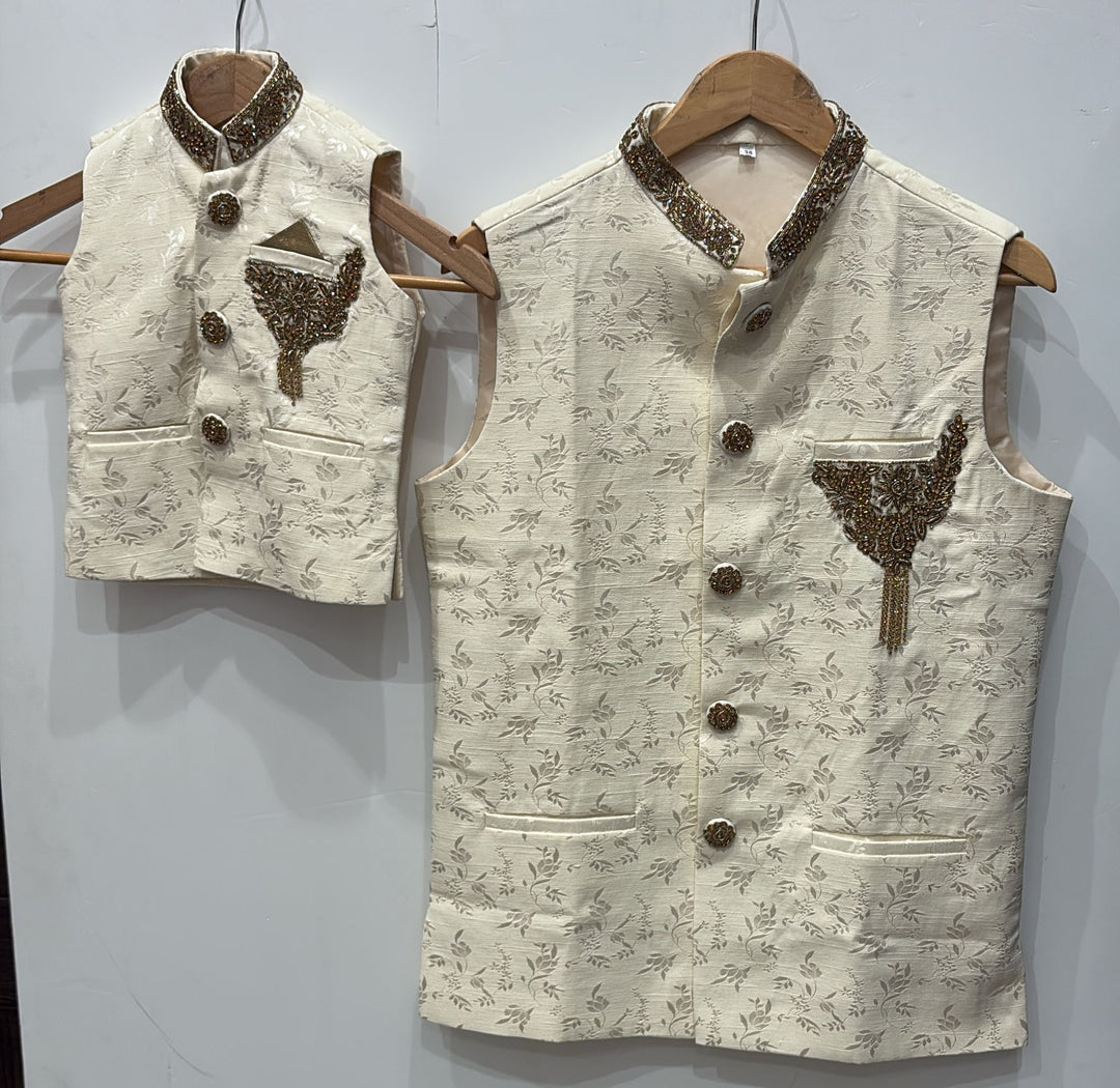 NW04 - CREAM EMBROIDERED JACQUARD SILK WAISTCOAT