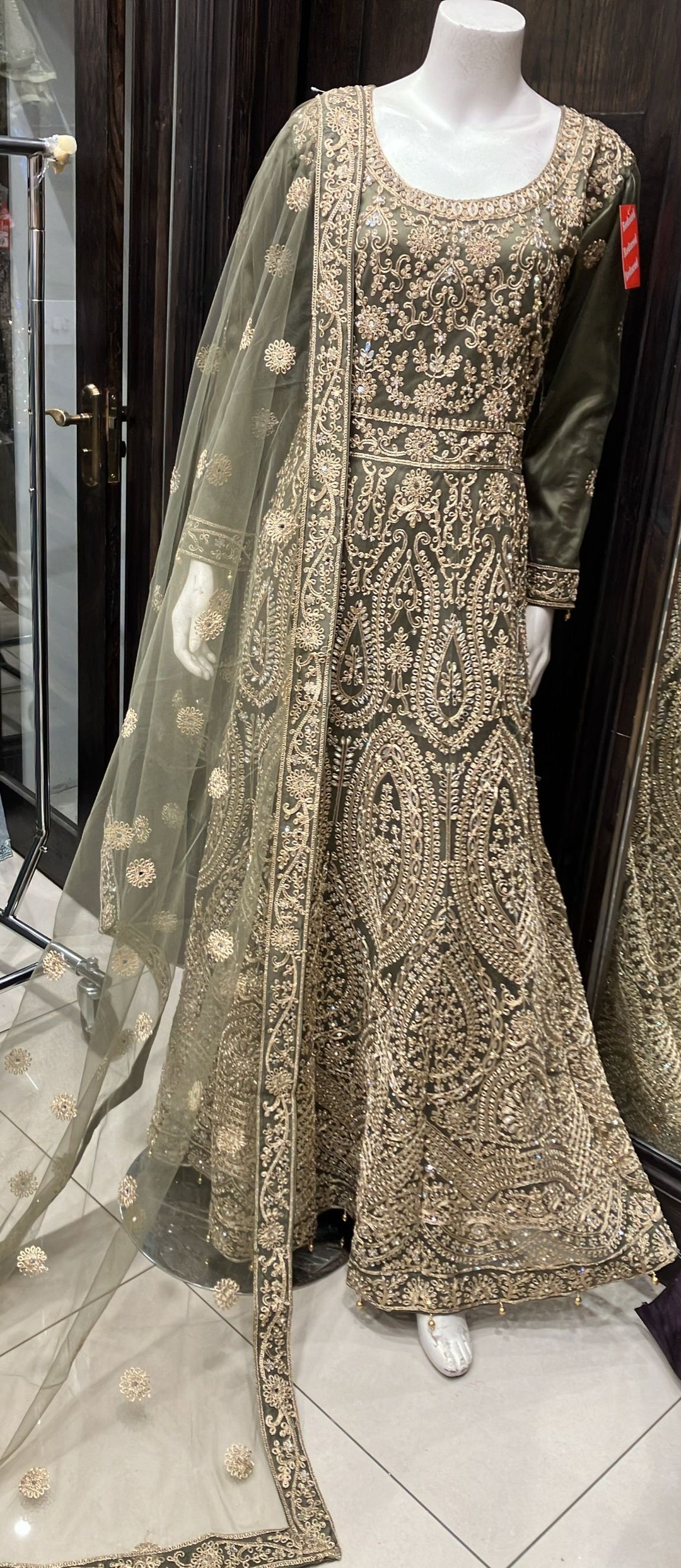 GREEN EMBROIDERED & EMBELLISHED NET DRESS 0186L