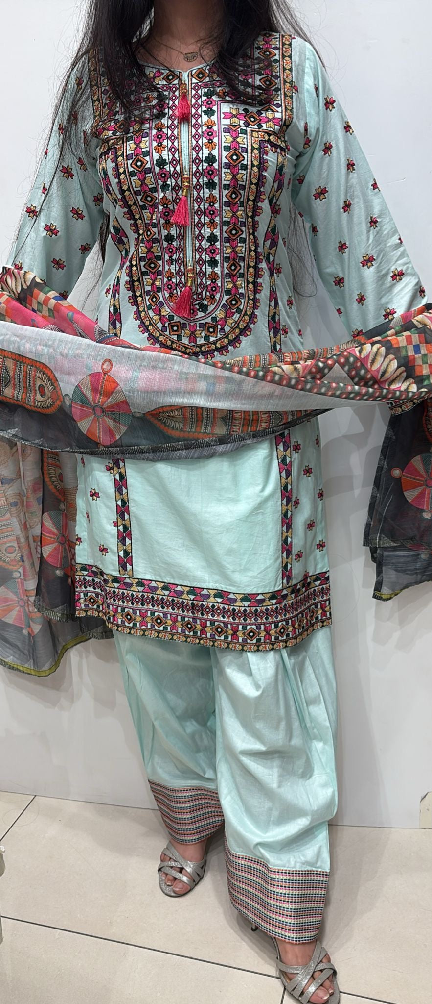 FSL03- Light Blue Farshi Shalwar Embroidered Cotton 3pc suit