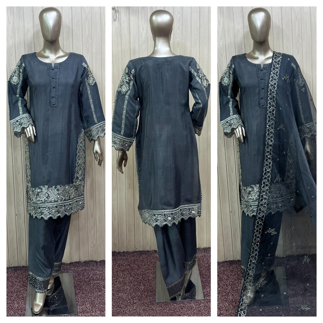 FV03 - Grey Farshi Shalwar Viscose Silk Embroidered suit