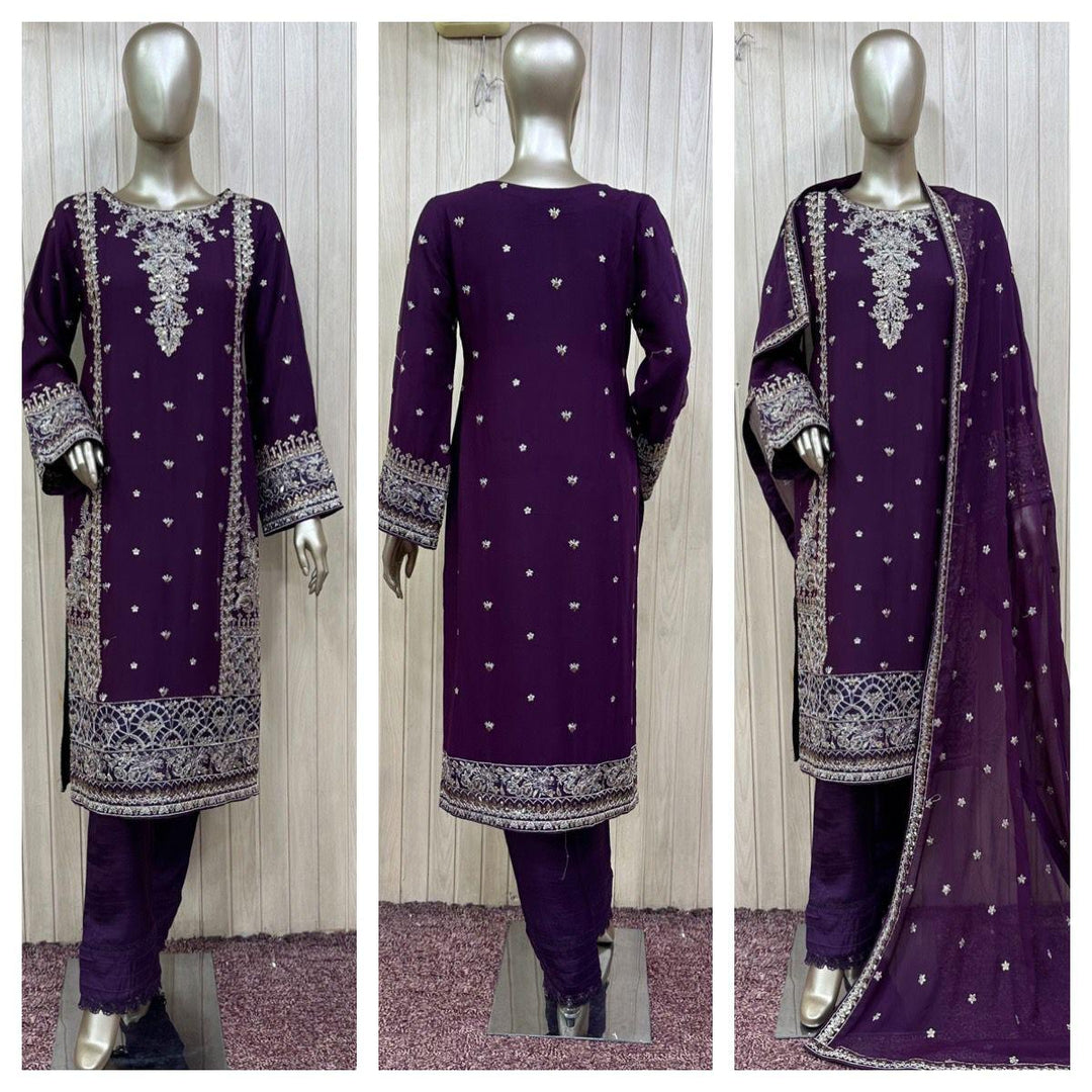 1102C- PURPLE EMBROIDERED CHIFFON 3 PIECE SUIT