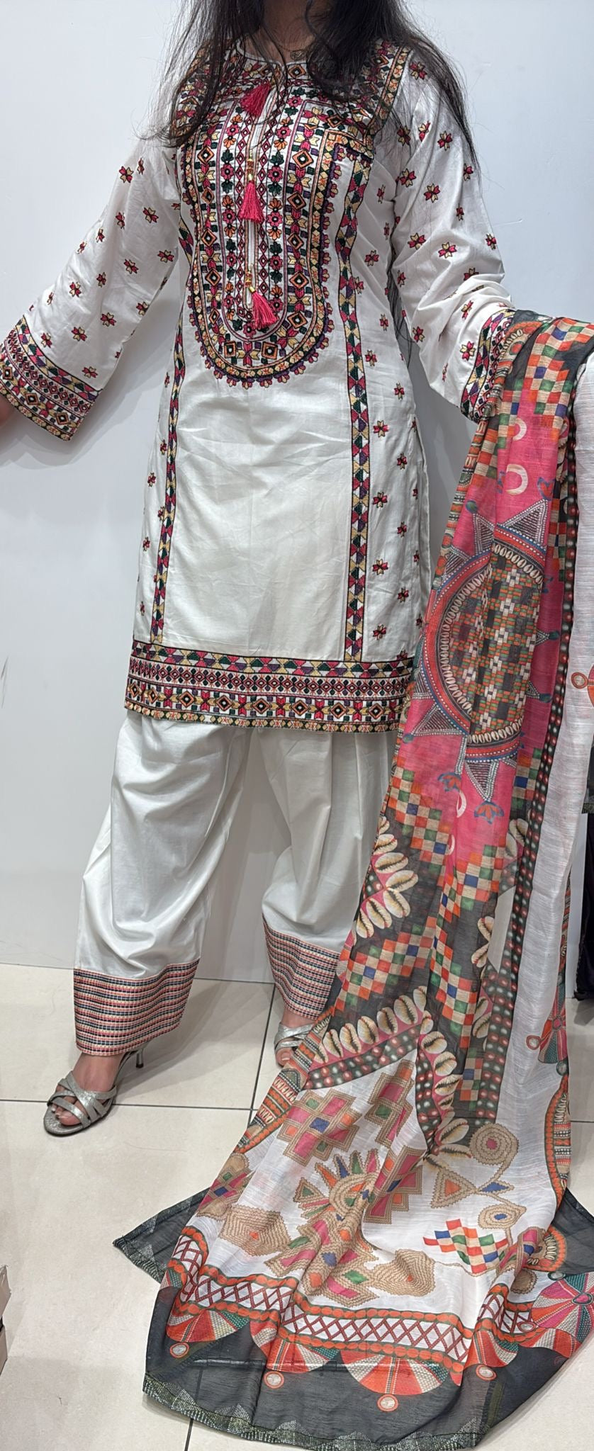 FSL02- Off-White Farshi Shalwar Embroidered Cotton 3pc suit
