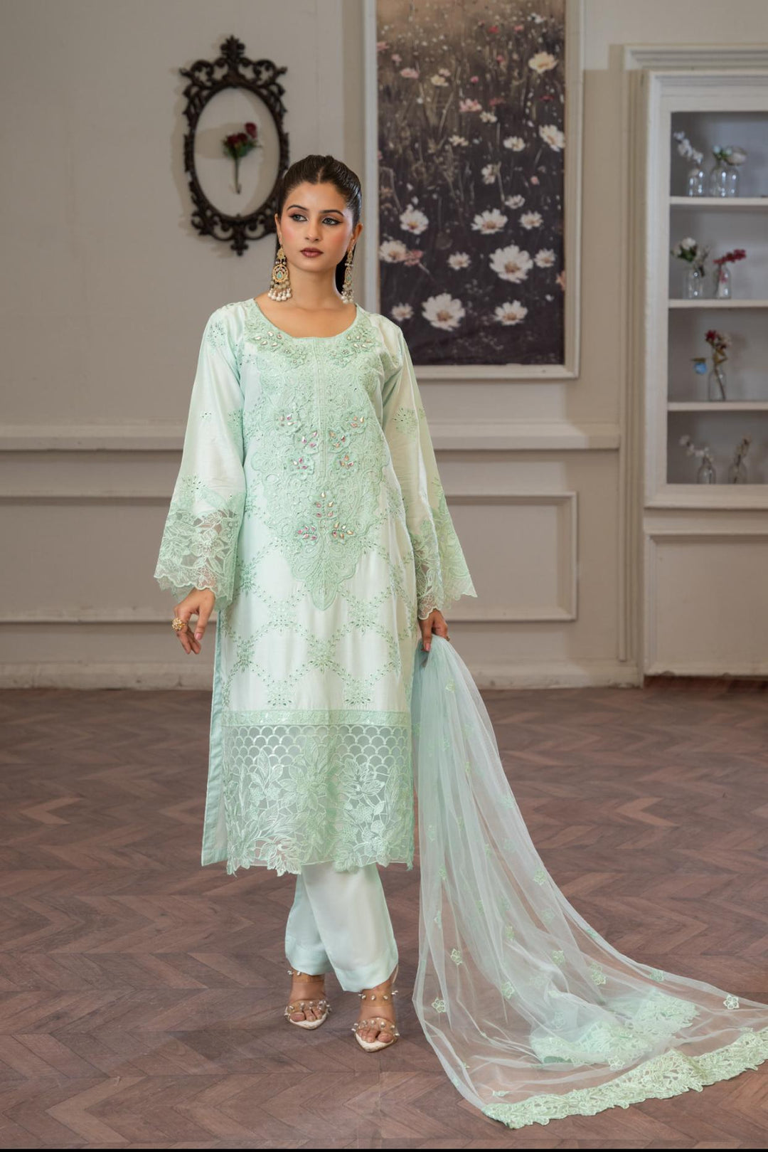 74E - Maria b inspired Mint Blue Embroidered Linen suit