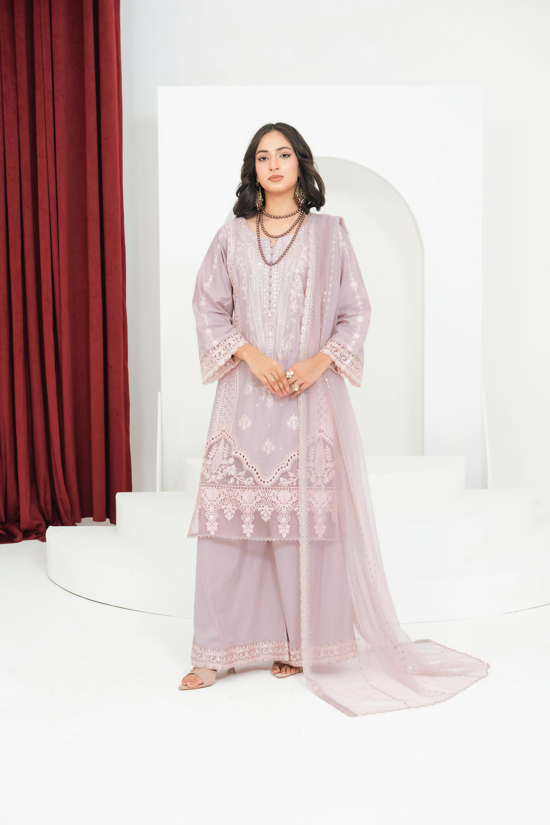 1145C - Mauve Embroidered Cotton 3 Piece suit