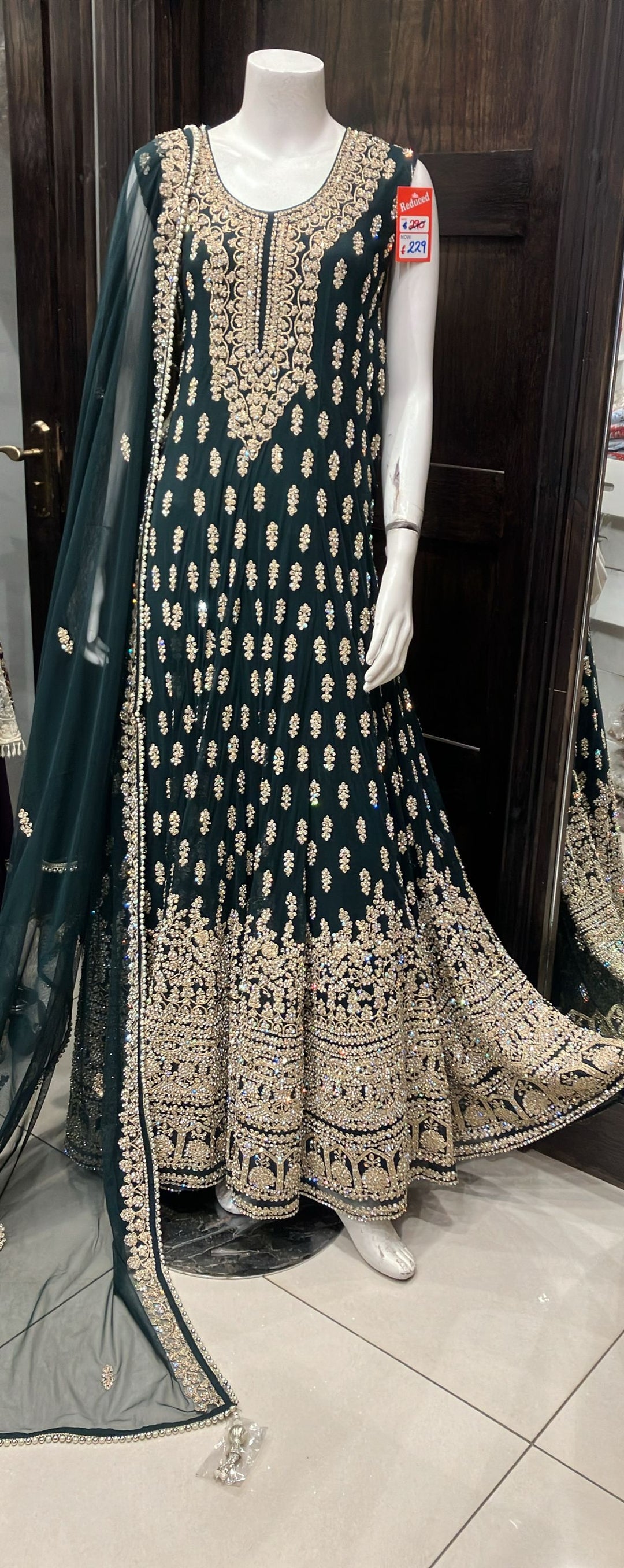 GREEN HEAVY EMBROIDERED & EMBELLISHED LONG DRESS 0181B