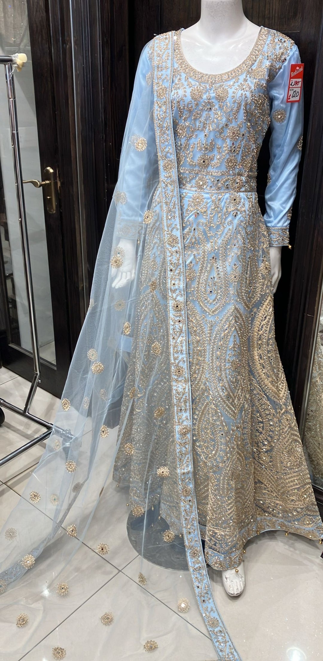 BABY BLUE EMBROIDERED & EMBELLISHED NET DRESS 0186C