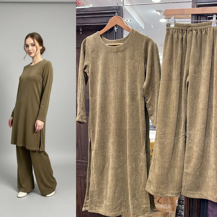 LIGHT BROWN WINTER STRETCH JERSEY CO-ORD SETS JV05E