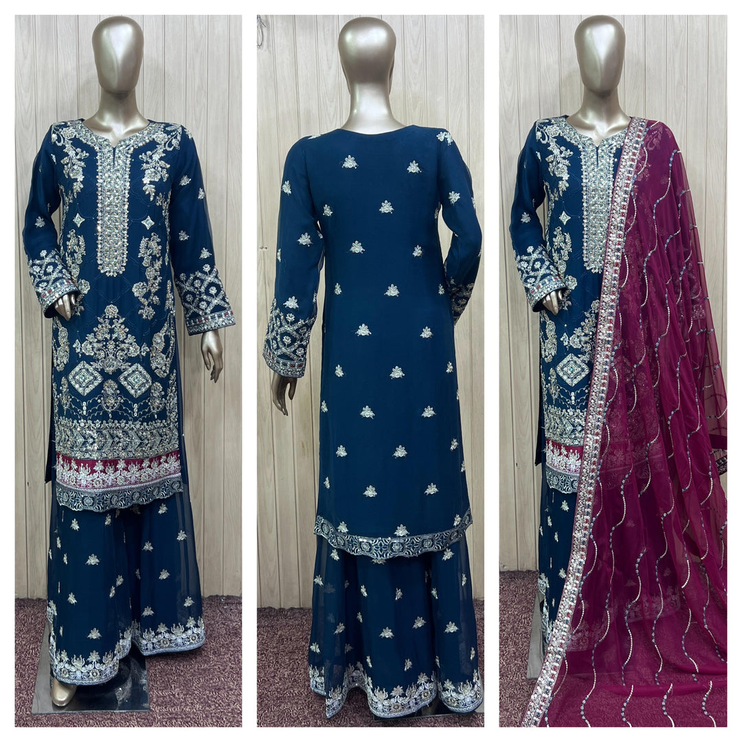 389B - BLUE EMBROIDERED CHIFFON SHARARA SUIT