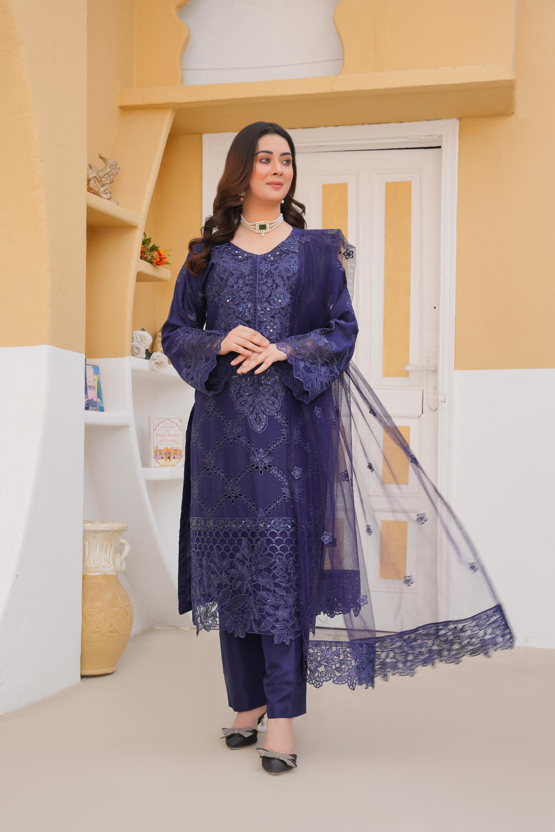 74B - Maria b inspired Blue Embroidered Cotton 3 piece suit