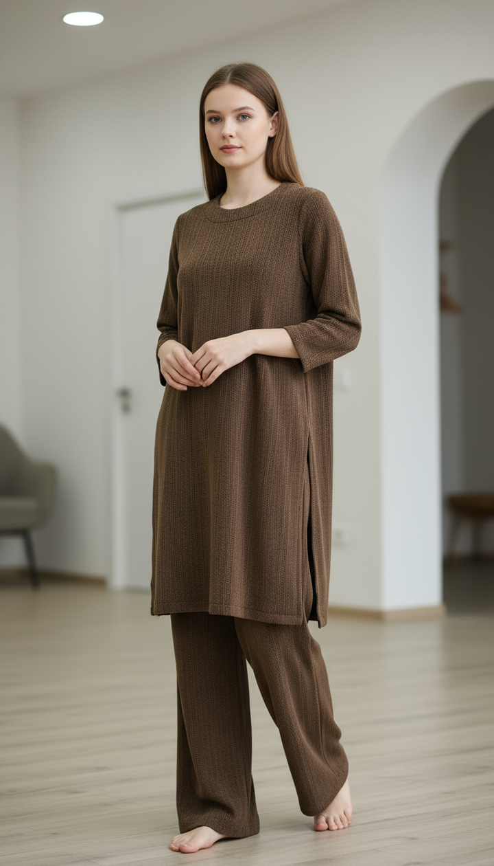 DARK BRWON WINTER STRETCH JERSEY CO-ORD SETS JV05C