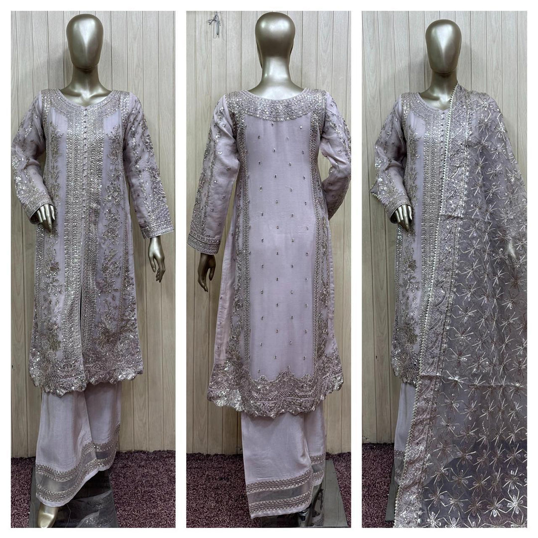 388C- LILAC EMBROIDERED CHIFFON 3 PIECE SUIT