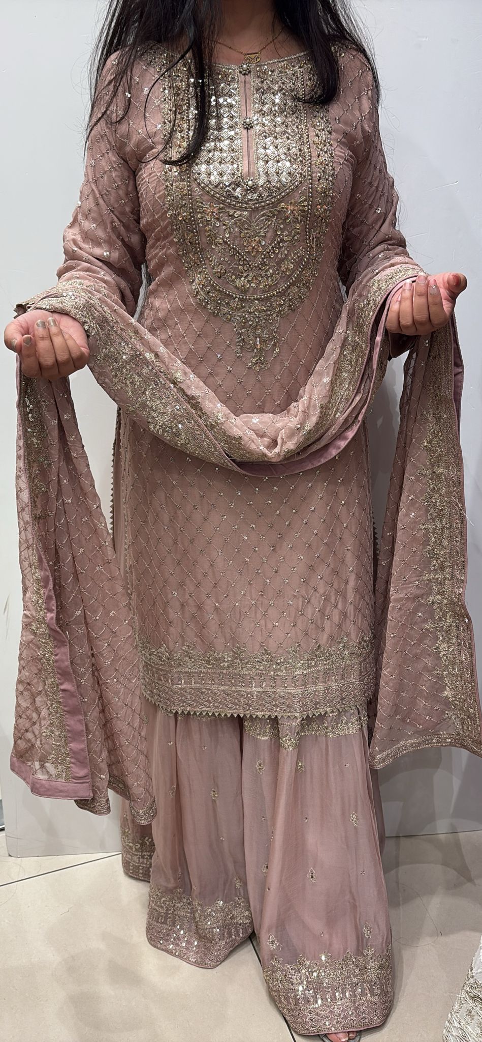 381D - DUSTY PINK CHIFFON EMBROIDERED SHARARA SUIT