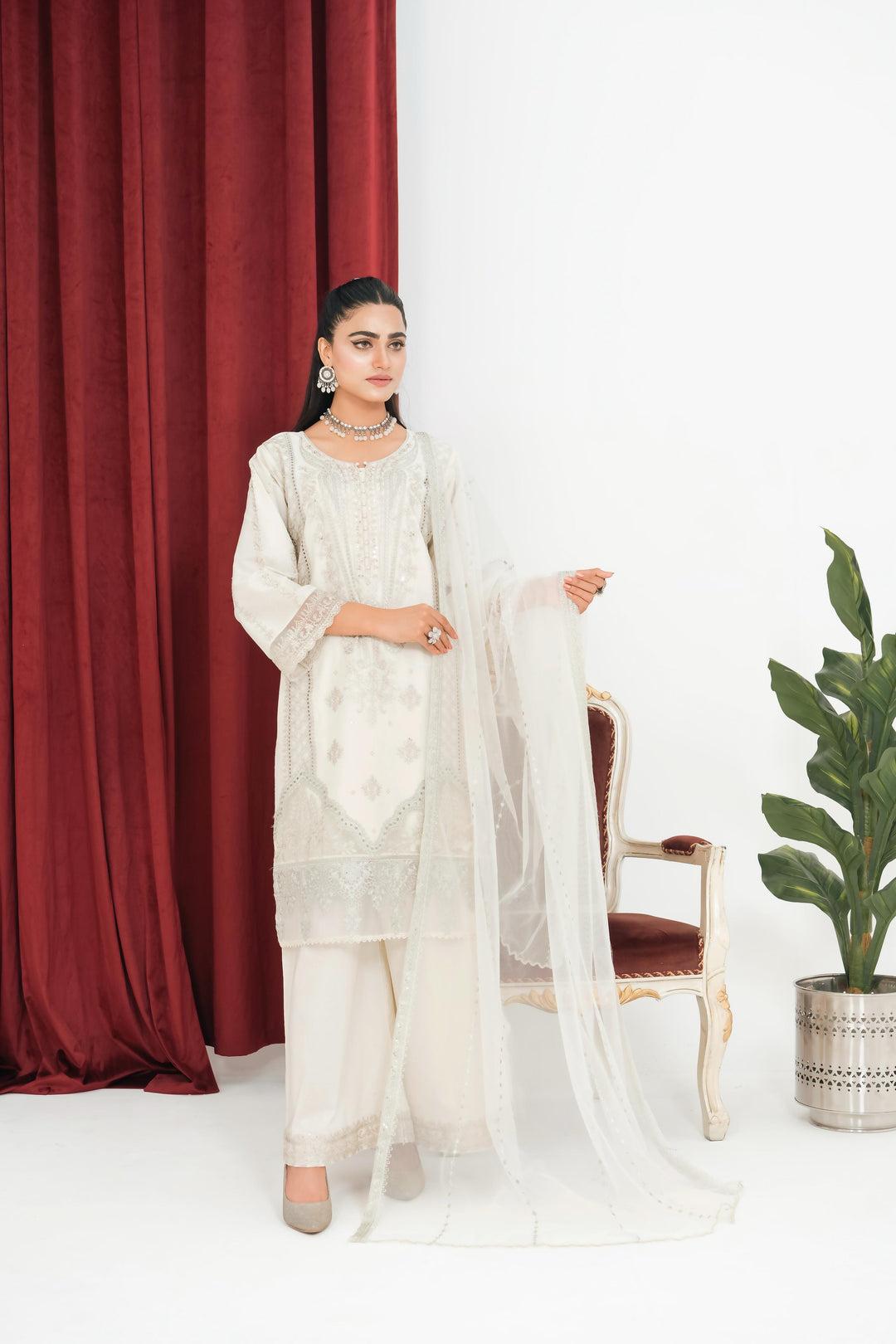 1145B - Ivory Embroidered Cotton 3 Piece suit