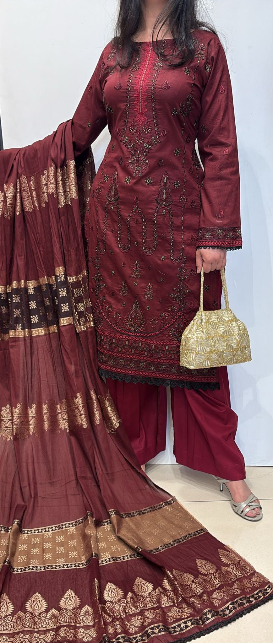 CBRO2 - MAROON EMBROIDERED COTTON 3 PIECE SUIT JACQUARD BROSHA DUPATTA
