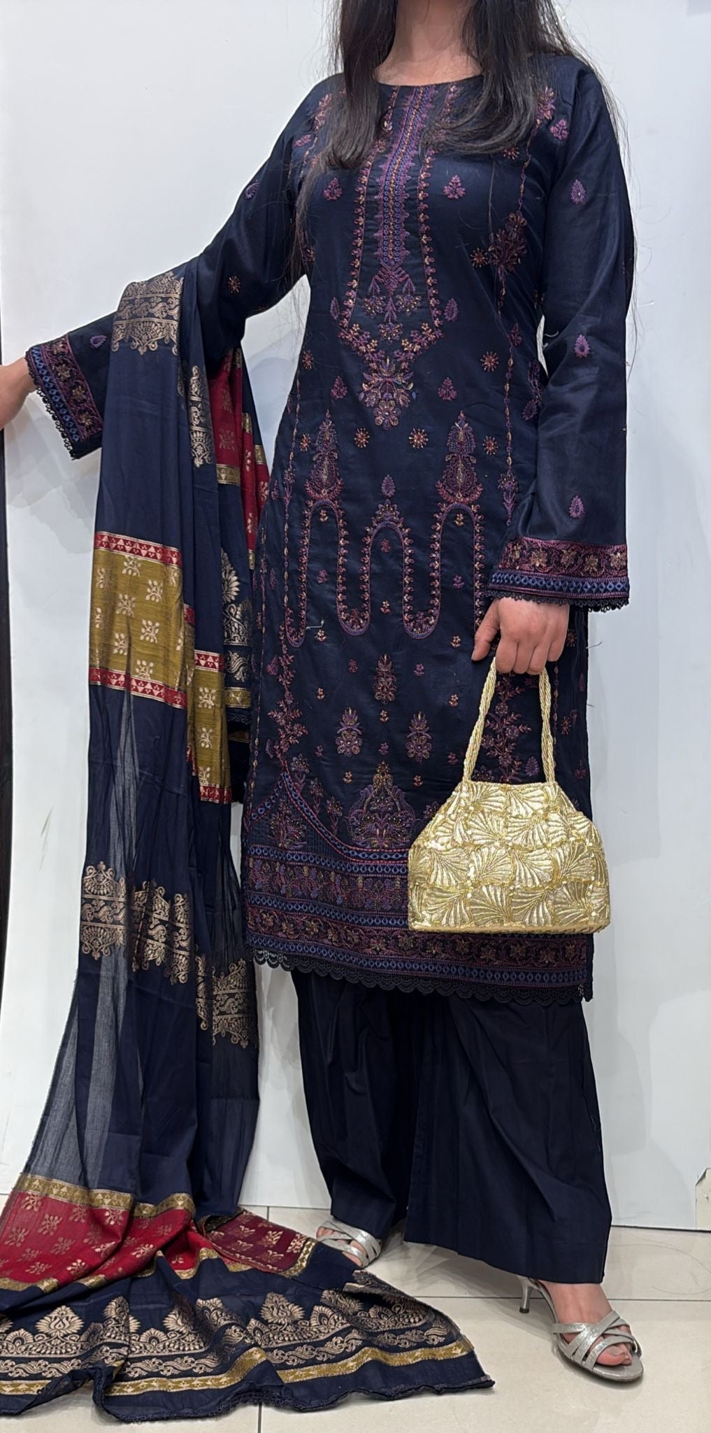 CBR11 - BLUE EMBROIDERED COTTON 3 PIECE SUIT JACQUARD BROSHA DUPATTA
