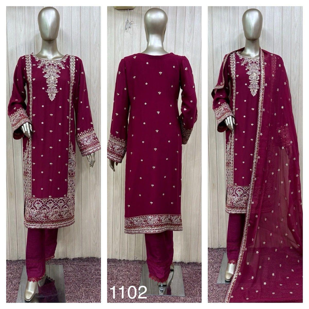 1102A- MAROON EMBROIDERED CHIFFON 3 PIECE SUIT