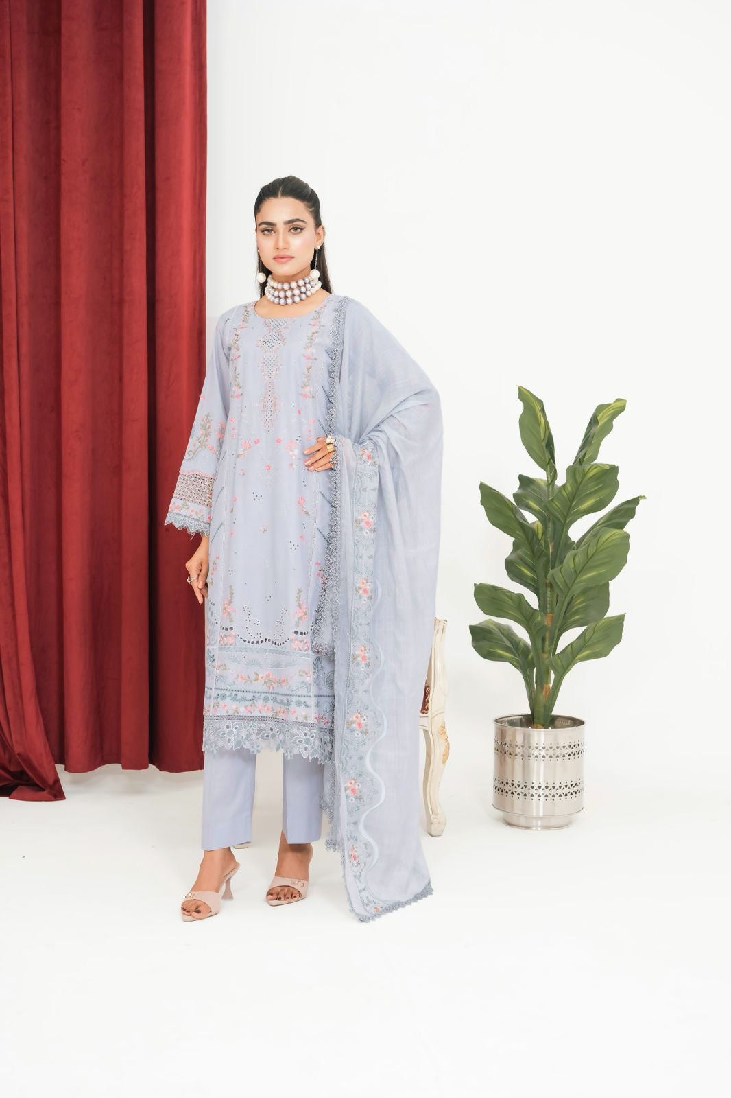 1144A - Light Blue Embroidered Cotton 3 Piece suit