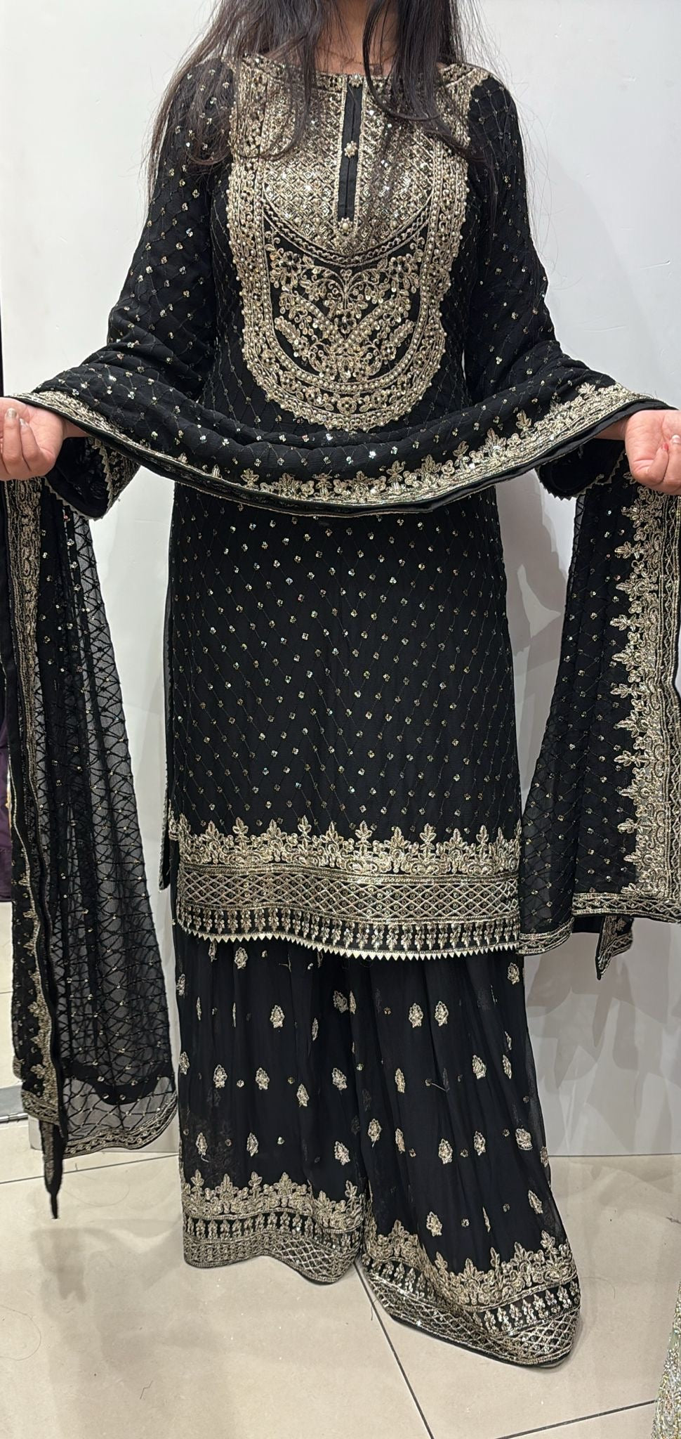 381C - BLACK CHIFFON EMBROIDERED SHARARA SUIT