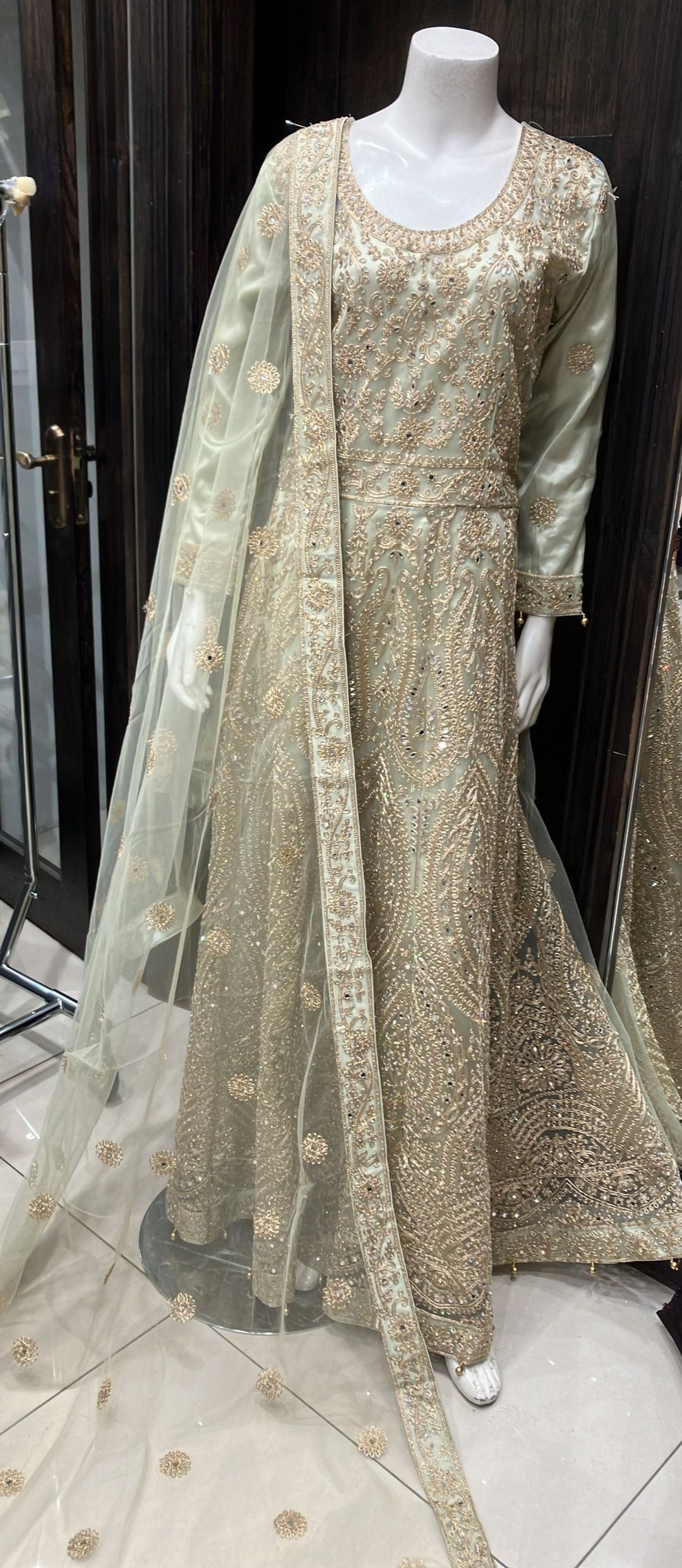 LIGHT GREEN EMBROIDERED & EMBELLISHED NET DRESS 0186H