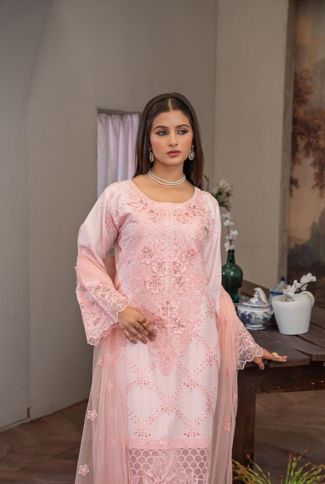 74F - Maria b inspired Pink Embroidered Linen suit