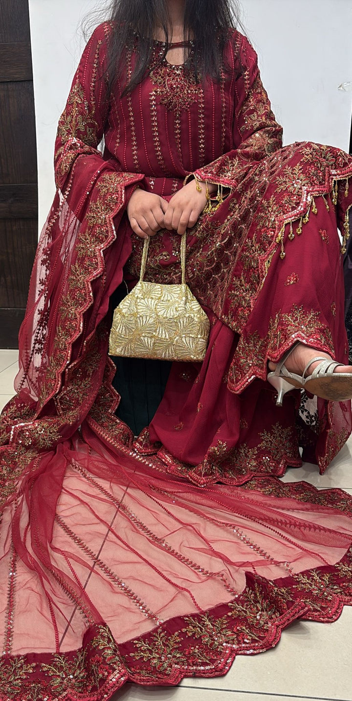 379A - EMBROIDERED CHIFFON SHARARA SUIT