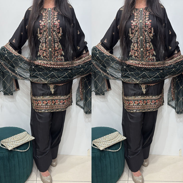 FR03 - BLACK EMBROIDERED VISCOSE SILK SUIT WITH FARSHI SHALWAR
