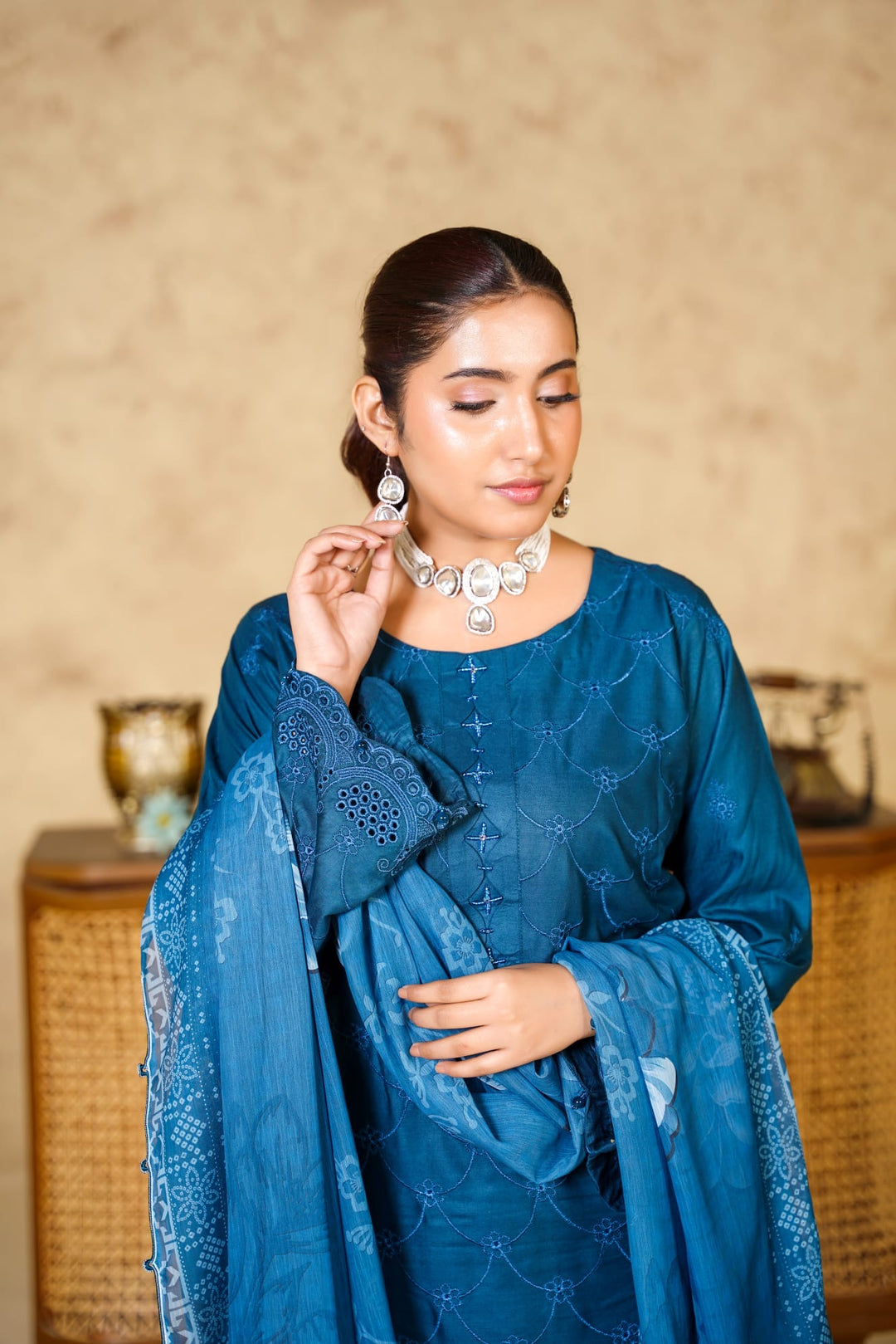 1167B - BLUE LINEN CHIKANKARI 3 PIECE SUIT