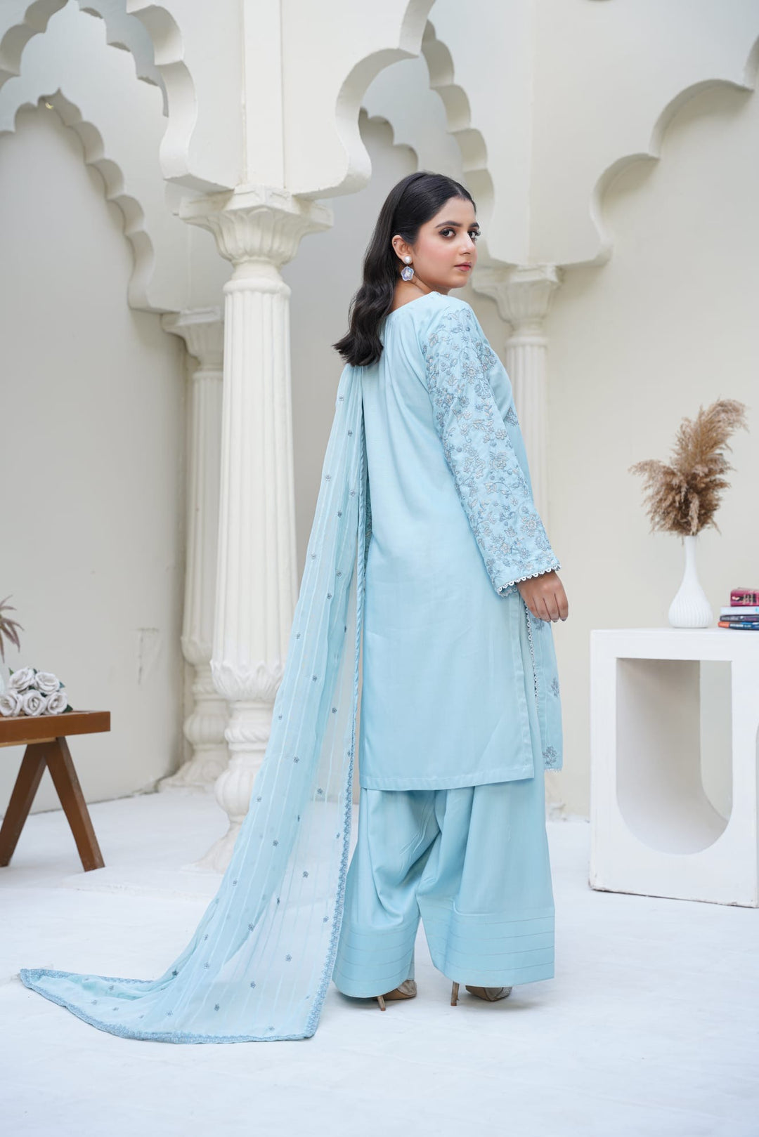 1164D- LIGHT BLUE LINEN EMBROIDERED 3 PIECE SUIT FARSHI SHALWAR