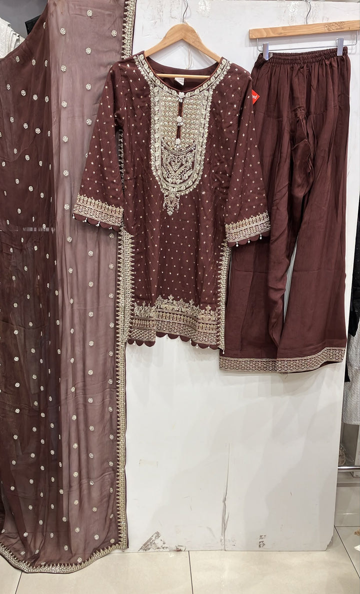 362D- Brown Embroidered Silk Farshi Shalwar 3 Piece Suit