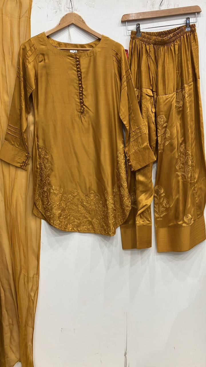 1113E - Mustard Embroidered Viscose Farshi Shalwar 3 Piece suit