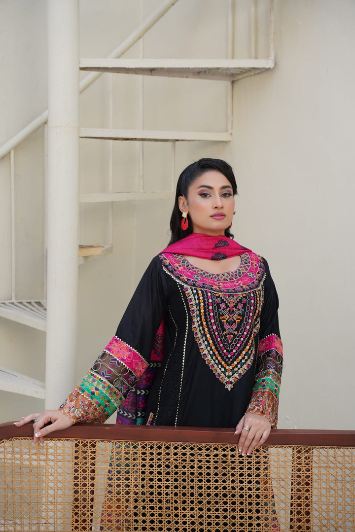 1169C - Black Embroidered Linen Cotton 3 Piece Gharara suit