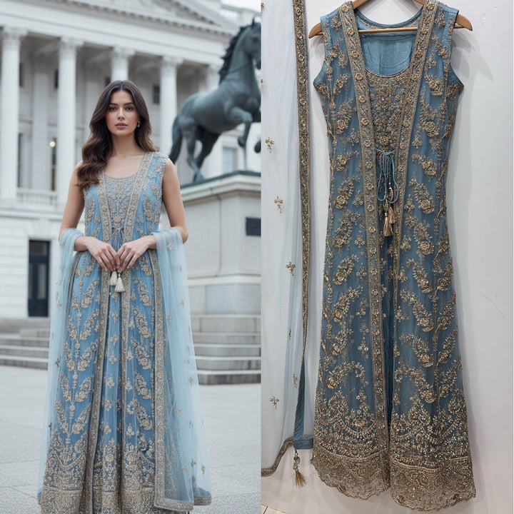 7011A- Embroidered & Embellished net long dress