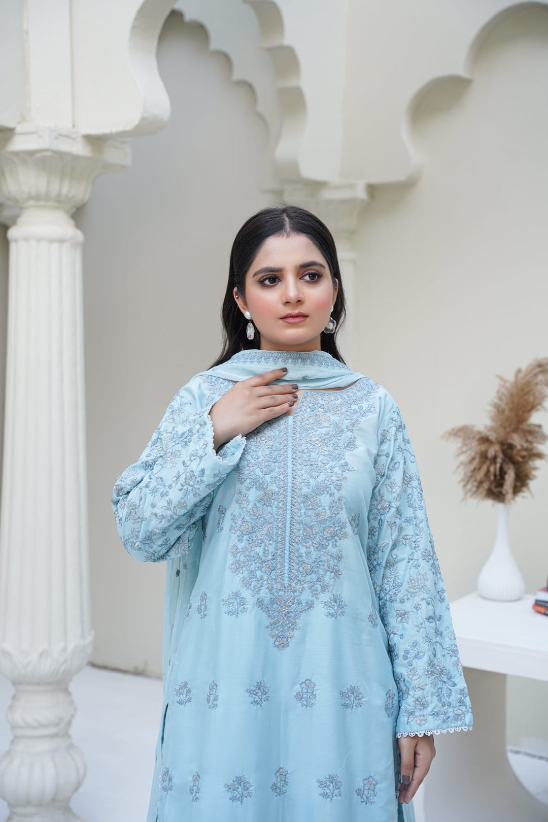 1164D- LIGHT BLUE LINEN EMBROIDERED 3 PIECE SUIT FARSHI SHALWAR