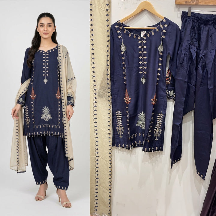 1137A Navy Blue Viscose Embroidered Pakistani Suit with Shalwar