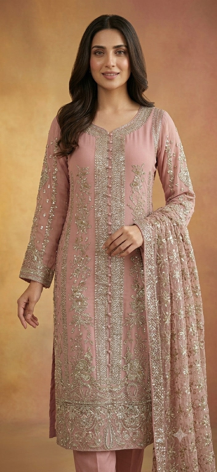 317B - DUSTY PINK EMBROIDERED CHIFFON 3 PIECE SUIT