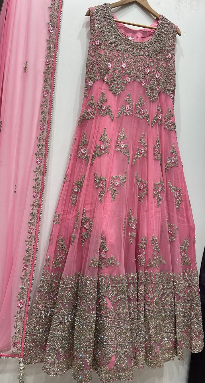 7015H- Pink Embroidered & Embellished net long dress