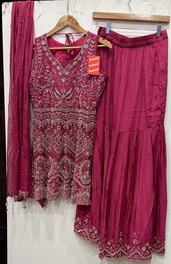 3120B - Girls’ magenta Embroidered Georgette Sharara dress