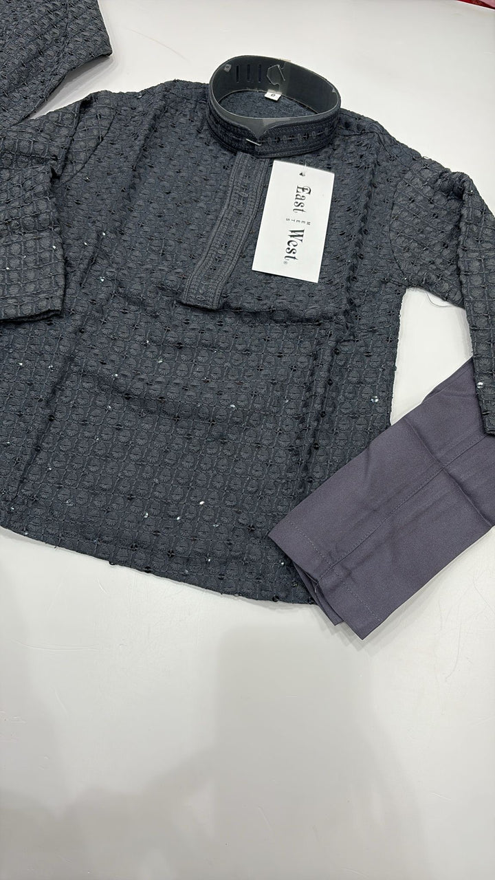 CK703 - Grey Cotton Chikankari Set for Boys and Men