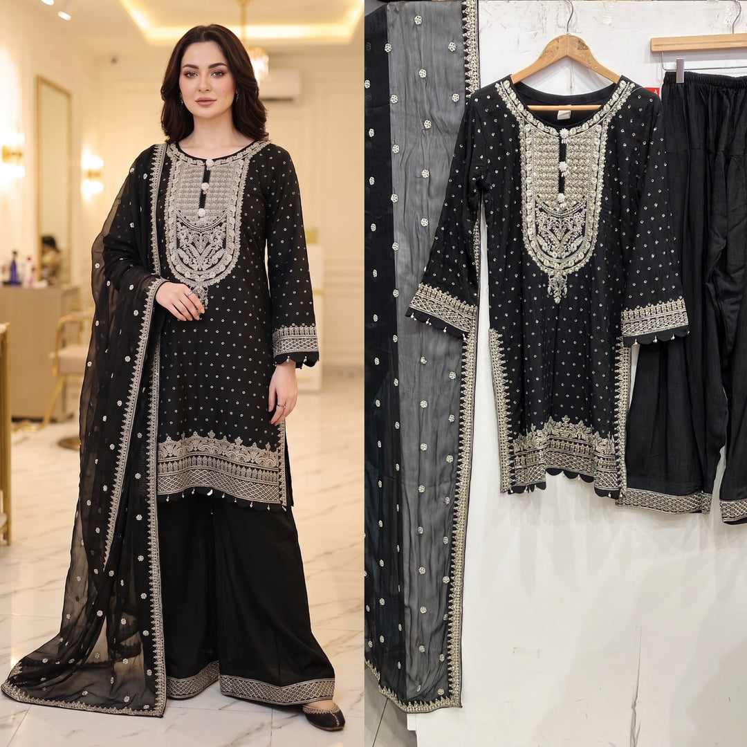 362B- Black Embroidered Silk Farshi Shalwar 3 Piece Suit