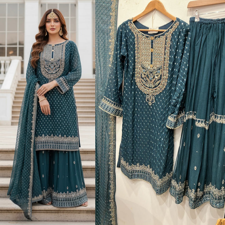 381C - TEAL CHIFFON EMBROIDERED SHARARA SUIT