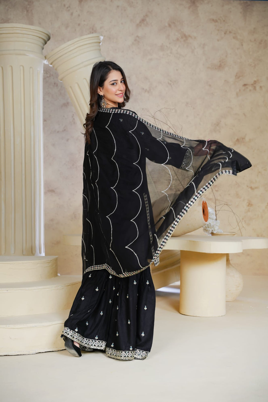 1162A - Black Embroidered Linen 3 Piece Sharara suit