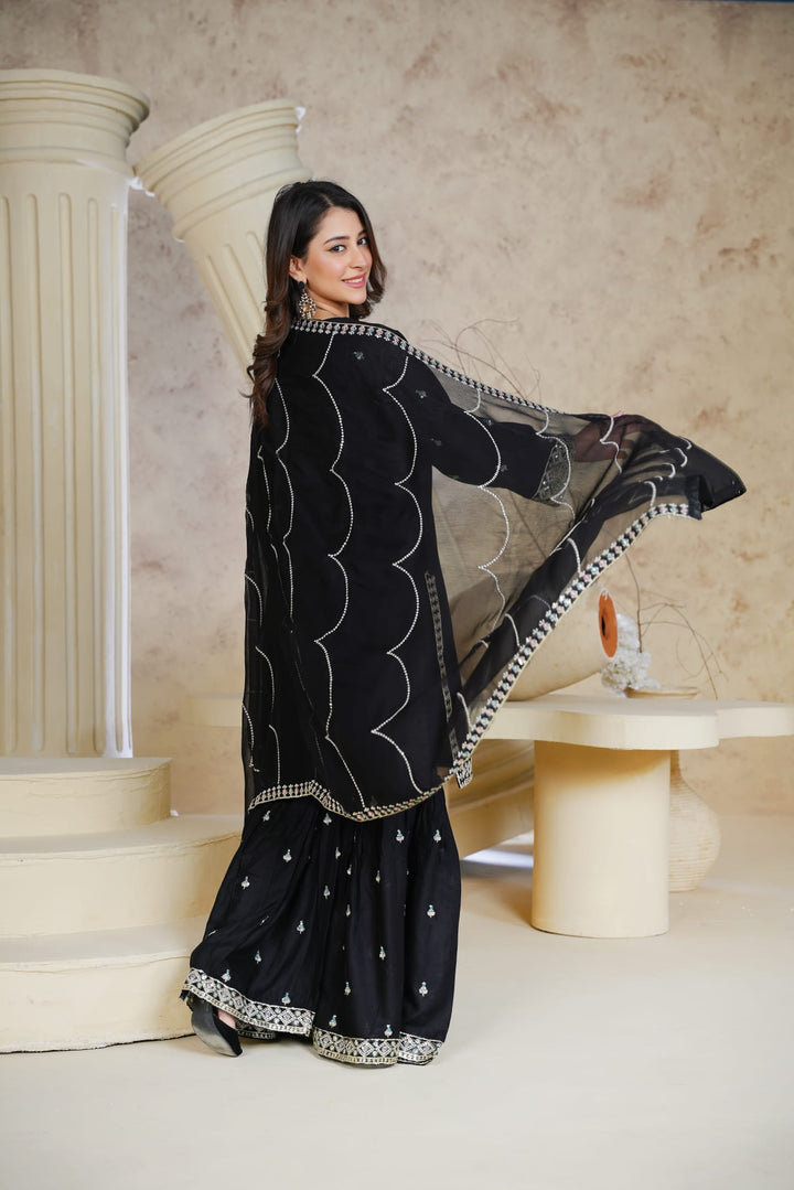1162A - Black Embroidered Linen 3 Piece Sharara suit