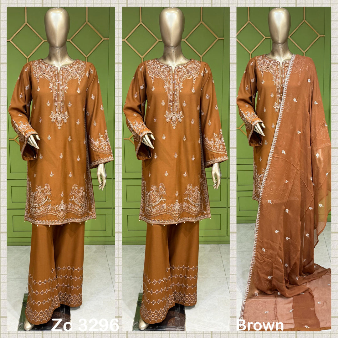 ZC3296B - Rust Brown Embroidered Pakistani Suit – Regal Winter Edit - East meets west clothing 