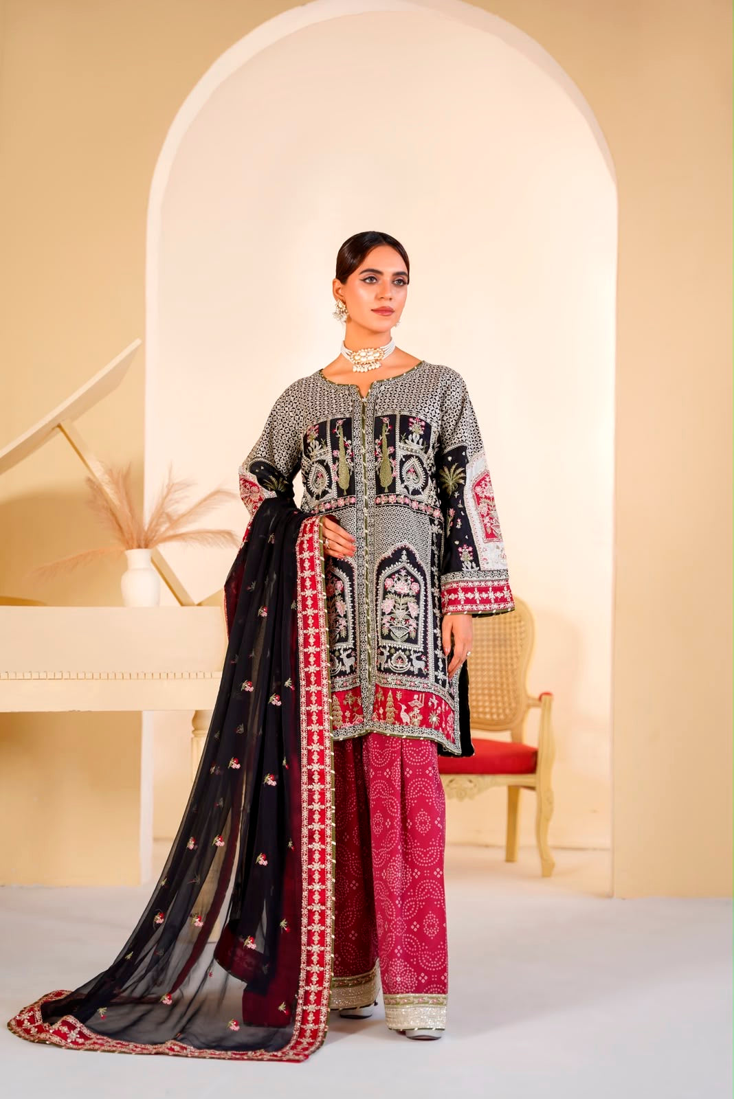 336B- Embroidered Shamoz Silk 3 Piece Suit