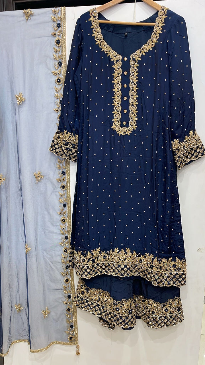 0142D- BLUE GEORGETTE FARSHI PALAZZO SUIT